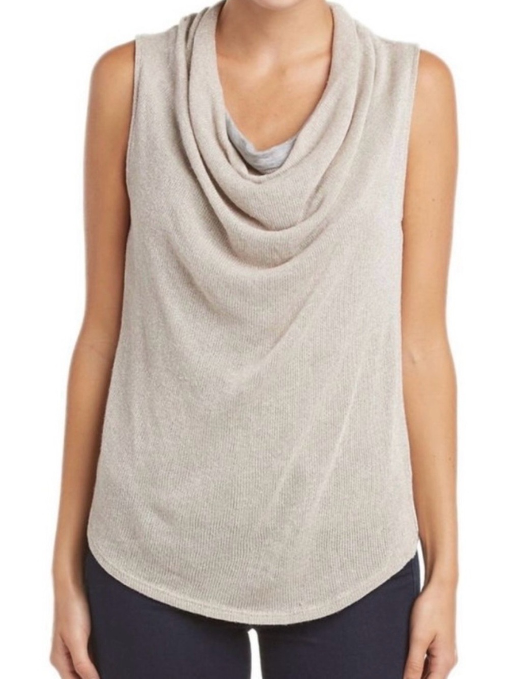 Three Dots Emma Sleeveless Metallic Cowl Neck Tank Top in Light Taupe, Size XS